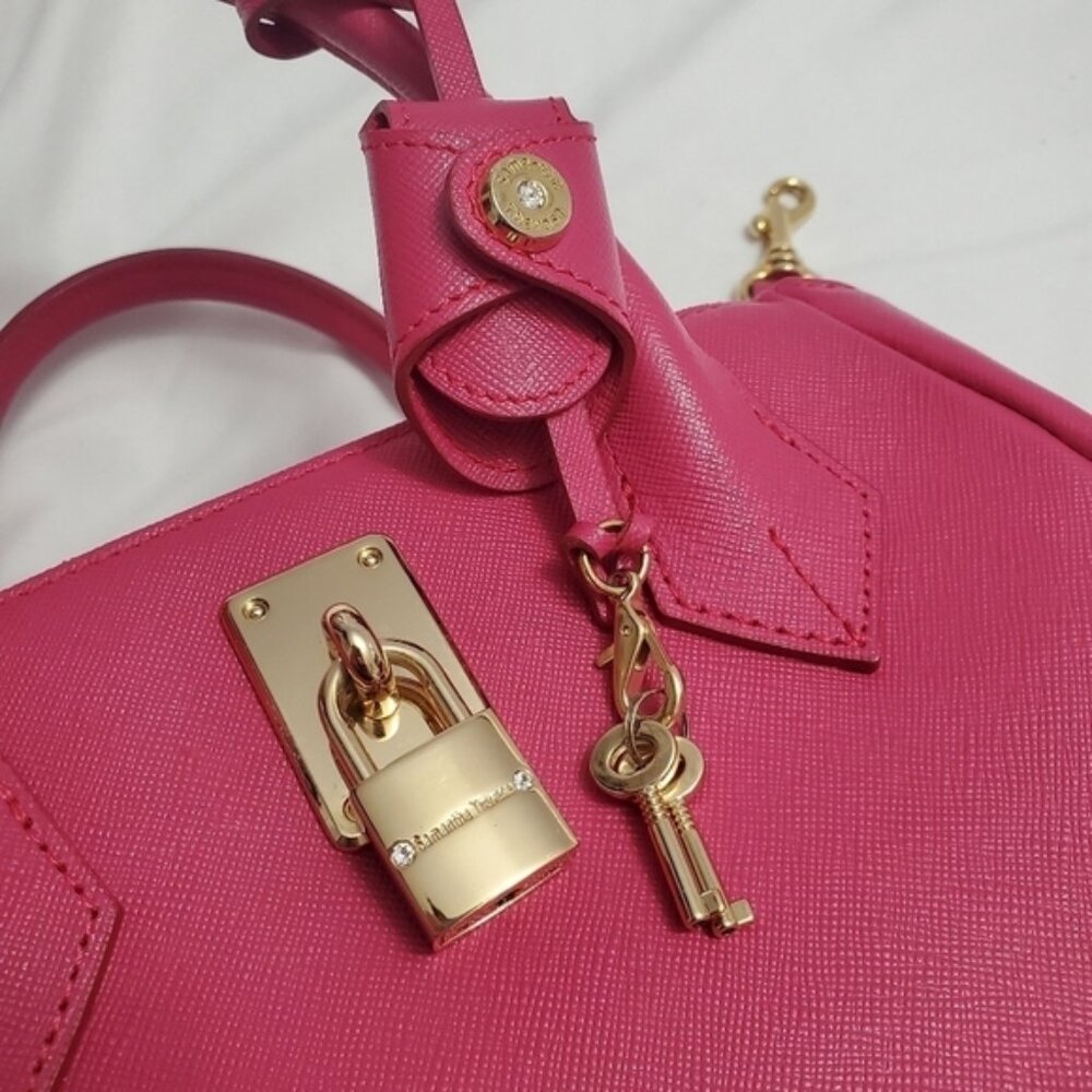 Samantha Thavasa Hot Pink Saffiano Leather Satchel Bag Padlock Crossbody Gold - Picture 12 of 15